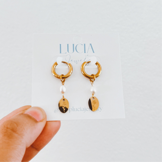 Engraved Floral + Pearl Hoops