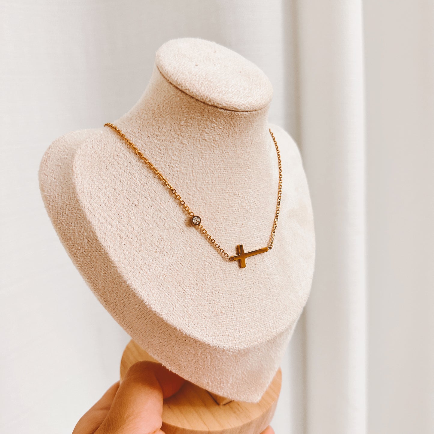 Sideways Cross Necklace with Cubic Zirconia Circle Charm | Dainty + Lightweight