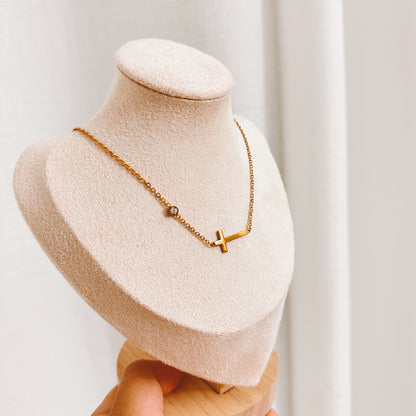 Sideways Cross Necklace with Cubic Zirconia Circle Charm | Dainty + Lightweight