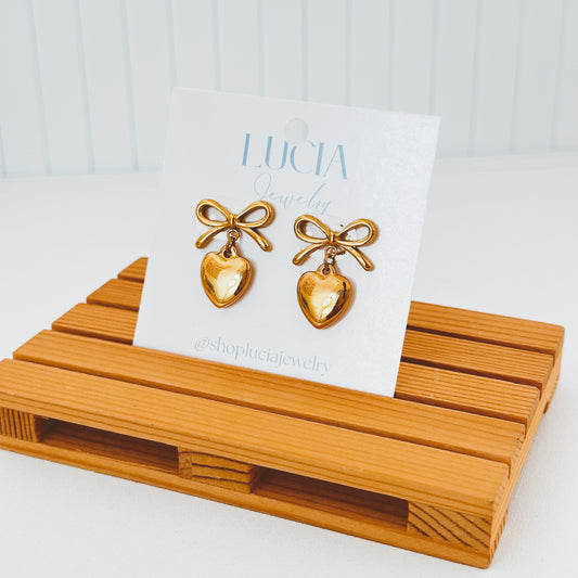 Bow + Heart Drop Studs